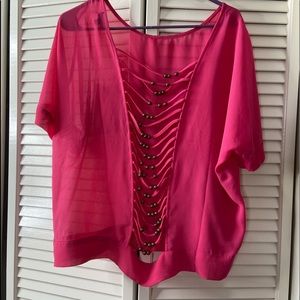 Pink Open Back Beaded Sheer Blouse XXL